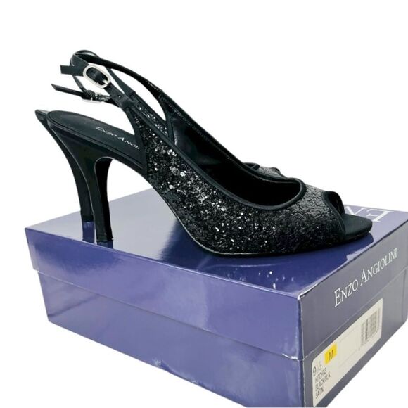 Enzo Angiolini Hitch X3 Black Sequin Shiny Satin Ankle Buckle Peep Toe Heels - Picture 2 of 16